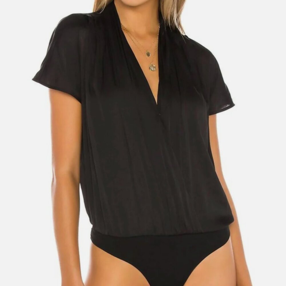 PAIGE Dijon Shirred Short-Sleeve Surplice Bodysuit